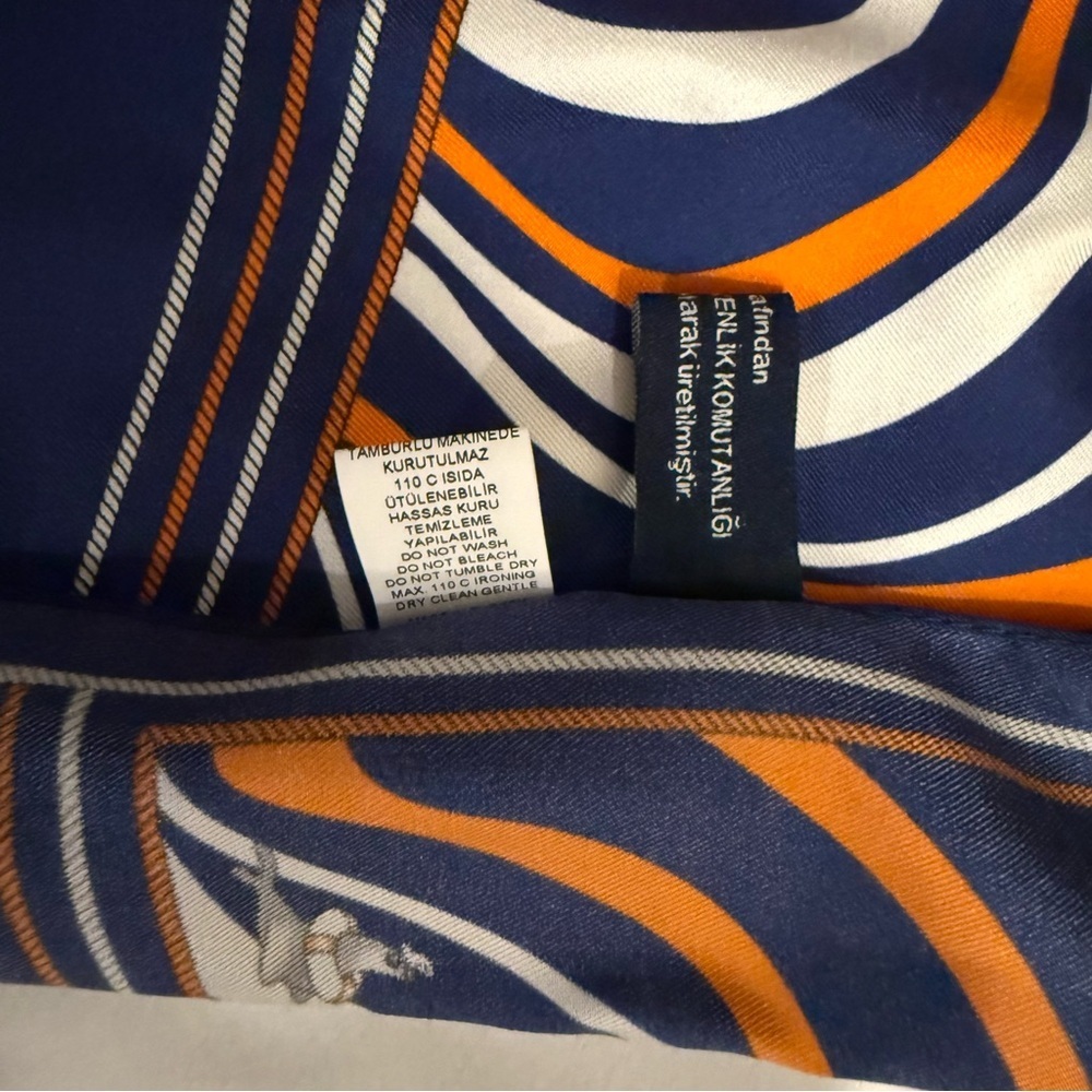 NWOT Vakko 100% Silk Abstract Swirl Print Scarf in Blue, Orange, and White - Picture 6 of 8